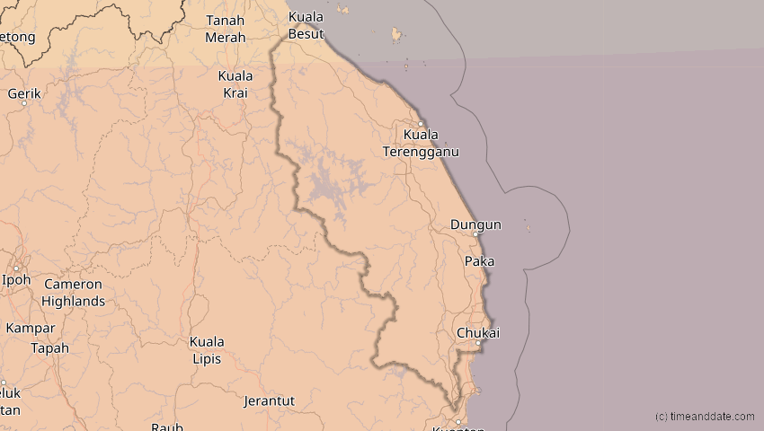 A map of Terengganu, Malaysia, showing the path of the 9. Mär 2016 Totale Sonnenfinsternis