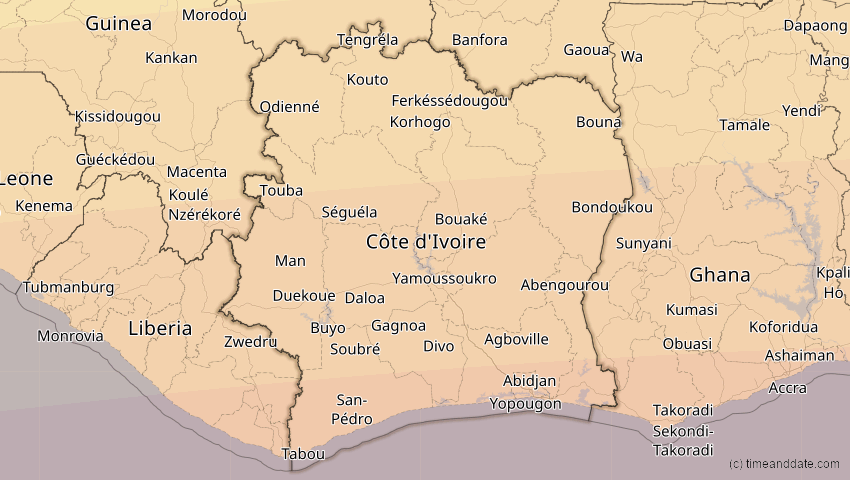 A map of Elfenbeinküste (Côte d'Ivoire), showing the path of the 1. Sep 2016 Ringförmige Sonnenfinsternis