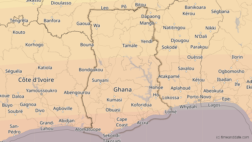 A map of Ghana, showing the path of the 1. Sep 2016 Ringförmige Sonnenfinsternis