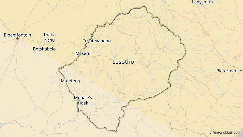 A map of Lesotho, showing the path of the 1. Sep 2016 Ringförmige Sonnenfinsternis