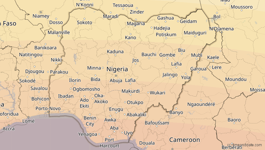 A map of Nigeria, showing the path of the 1. Sep 2016 Ringförmige Sonnenfinsternis