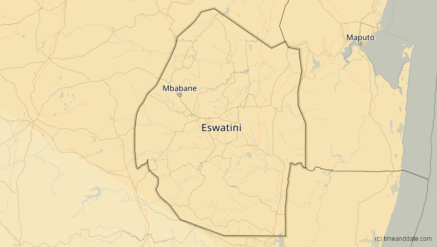 A map of Eswatini, showing the path of the 1. Sep 2016 Ringförmige Sonnenfinsternis