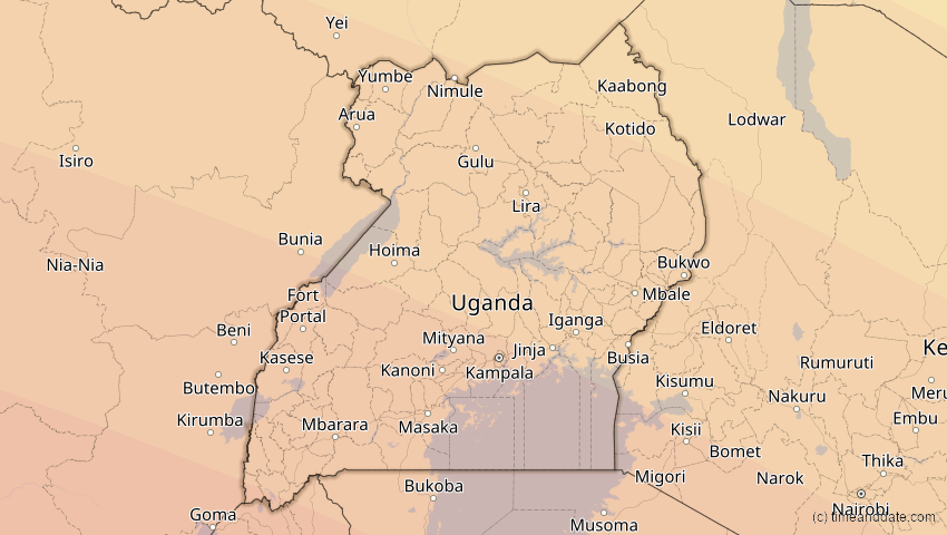A map of Uganda, showing the path of the 1. Sep 2016 Ringförmige Sonnenfinsternis