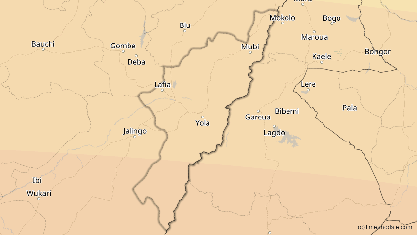 A map of Adamawa, Nigeria, showing the path of the 1. Sep 2016 Ringförmige Sonnenfinsternis