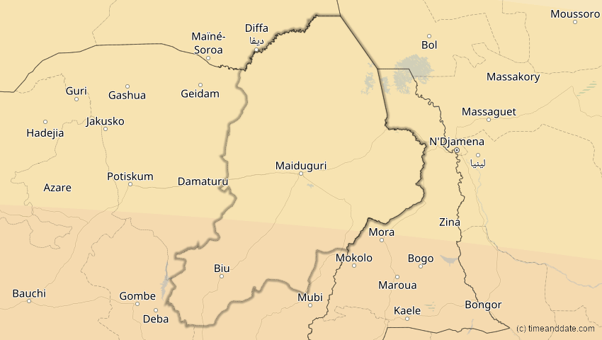 A map of Borno, Nigeria, showing the path of the 1. Sep 2016 Ringförmige Sonnenfinsternis