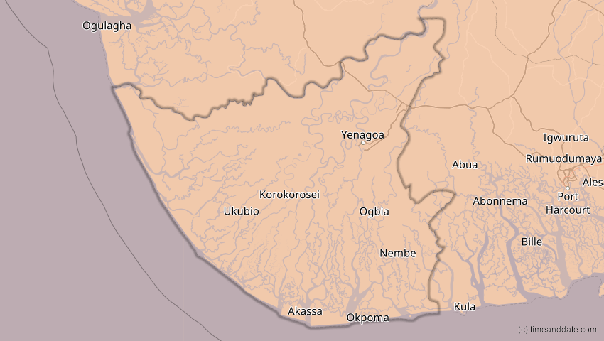 A map of Bayelsa, Nigeria, showing the path of the 1. Sep 2016 Ringförmige Sonnenfinsternis