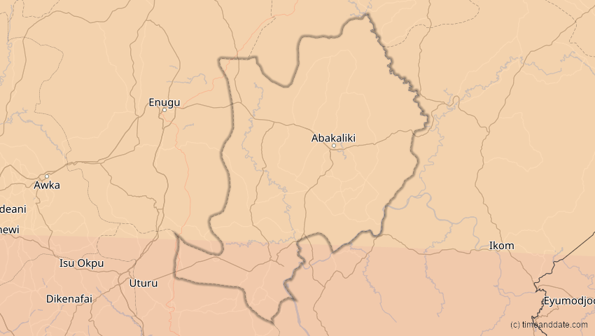 A map of Ebonyi, Nigeria, showing the path of the 1. Sep 2016 Ringförmige Sonnenfinsternis