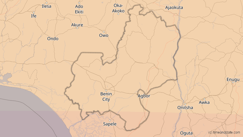 A map of Edo, Nigeria, showing the path of the 1. Sep 2016 Ringförmige Sonnenfinsternis