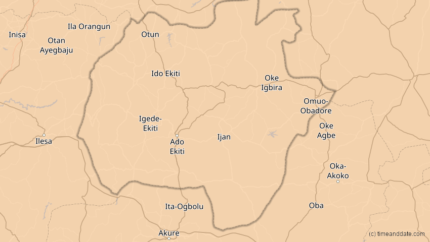 A map of Ekiti, Nigeria, showing the path of the 1. Sep 2016 Ringförmige Sonnenfinsternis