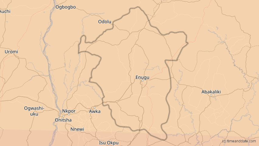 A map of Enugu, Nigeria, showing the path of the 1. Sep 2016 Ringförmige Sonnenfinsternis