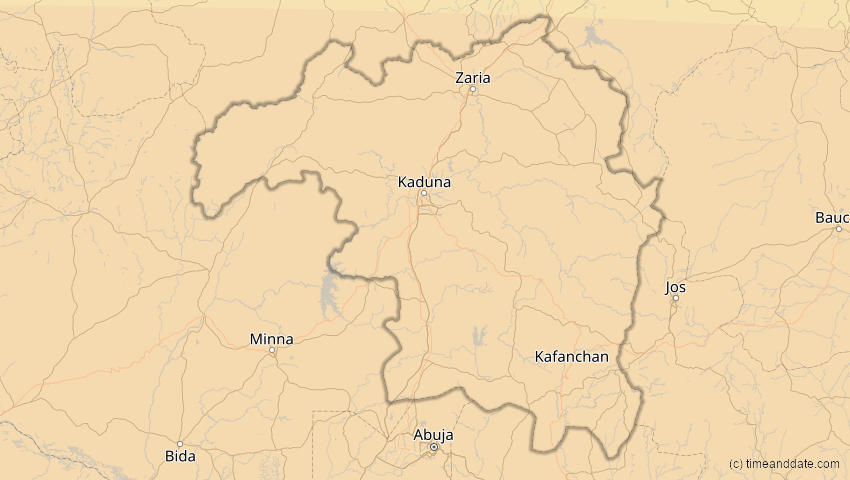 A map of Kaduna, Nigeria, showing the path of the 1. Sep 2016 Ringförmige Sonnenfinsternis