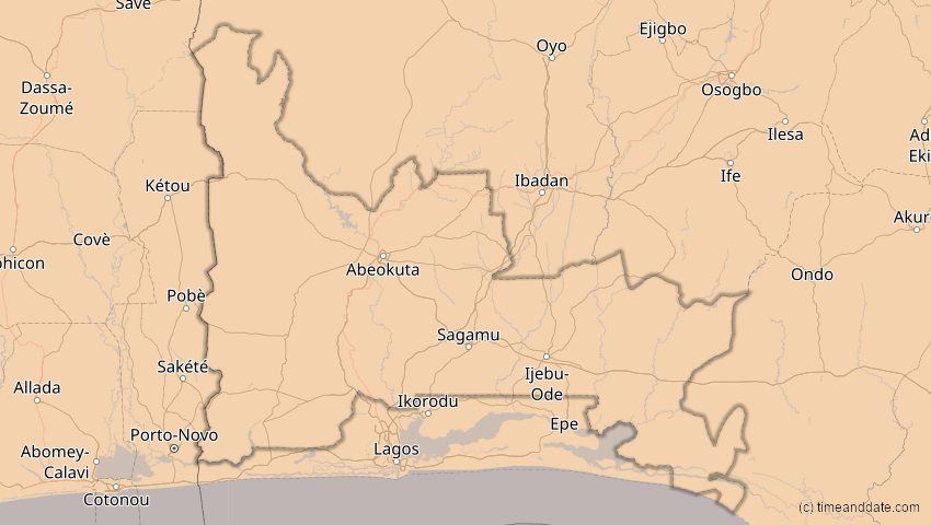 A map of Ogun, Nigeria, showing the path of the 1. Sep 2016 Ringförmige Sonnenfinsternis