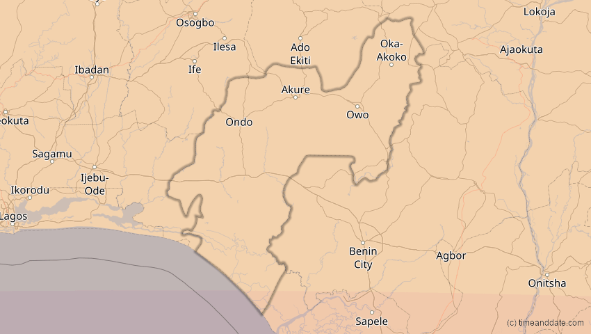 A map of Ondo, Nigeria, showing the path of the 1. Sep 2016 Ringförmige Sonnenfinsternis