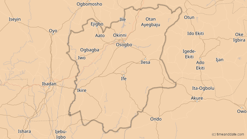 A map of Osun, Nigeria, showing the path of the 1. Sep 2016 Ringförmige Sonnenfinsternis
