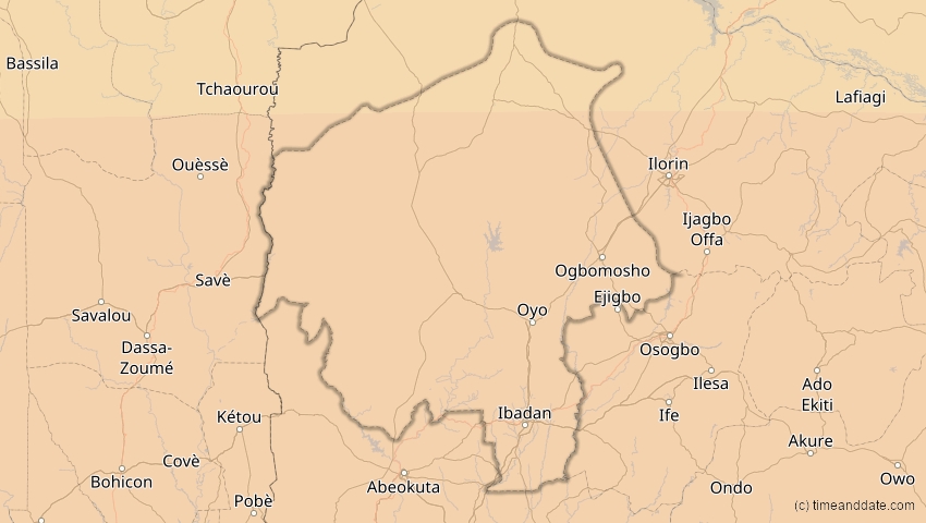 A map of Oyo, Nigeria, showing the path of the 1. Sep 2016 Ringförmige Sonnenfinsternis