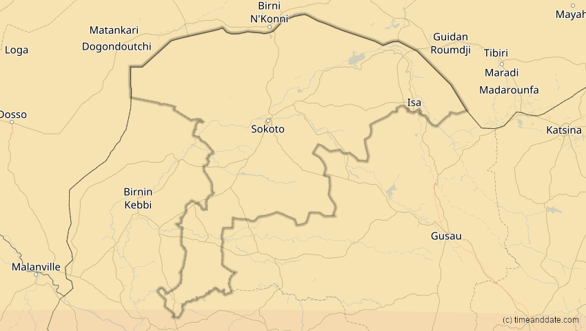 A map of Sokoto, Nigeria, showing the path of the 1. Sep 2016 Ringförmige Sonnenfinsternis
