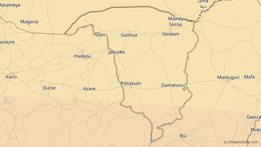 A map of Yobe, Nigeria, showing the path of the 1. Sep 2016 Ringförmige Sonnenfinsternis