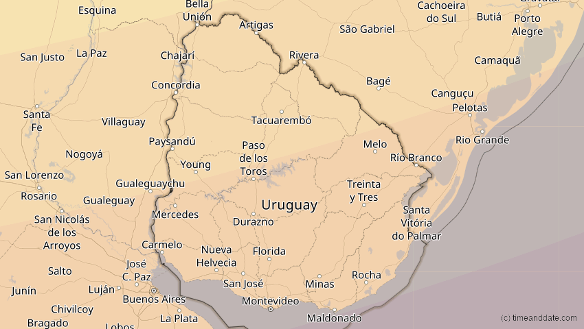 A map of Uruguay, showing the path of the 26. Feb 2017 Ringförmige Sonnenfinsternis