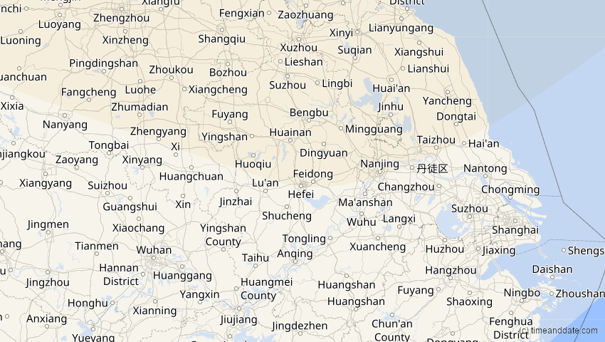 A map of Anhui, China, showing the path of the Aug 11, 2018 Partial Solar Eclipse