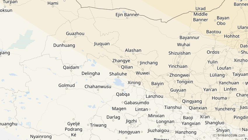 A map of Gansu, China, showing the path of the Aug 11, 2018 Partial Solar Eclipse
