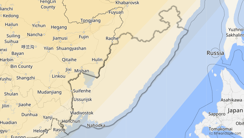 A map of Primorje, Russland, showing the path of the 11. Aug 2018 Partielle Sonnenfinsternis