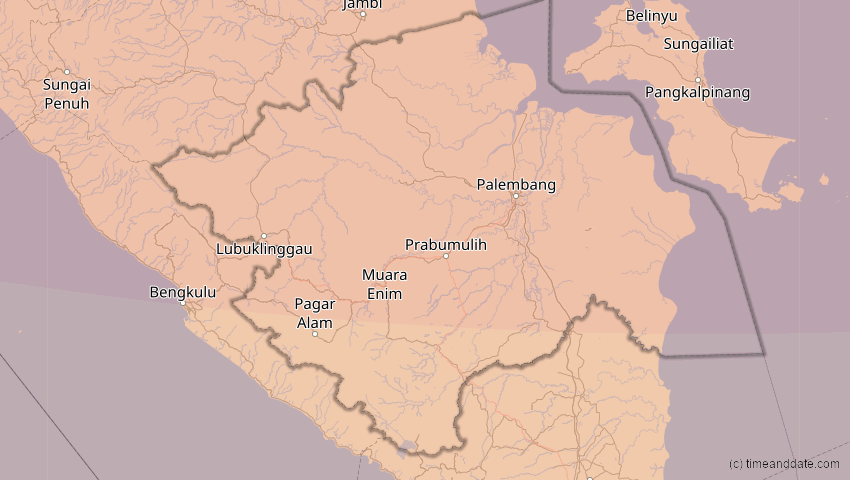 A map of Sumatera Selatan, Indonesien, showing the path of the 26. Dez 2019 Ringförmige Sonnenfinsternis