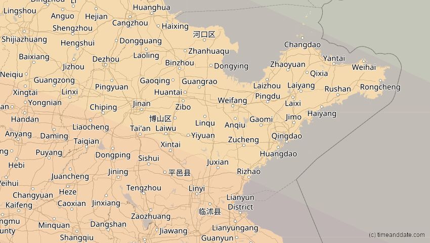A map of Shandong, China, showing the path of the Jun 21, 2020 Annular Solar Eclipse