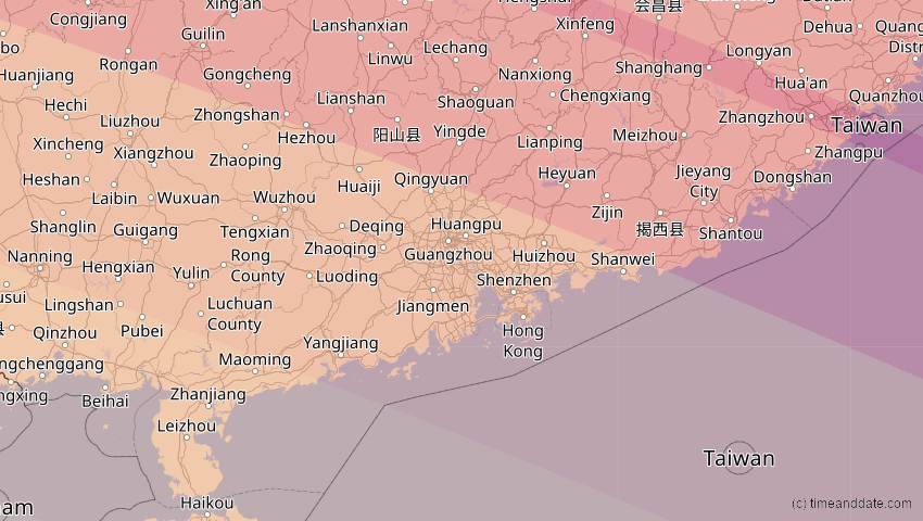 A map of Guangdong, China, showing the path of the Jun 21, 2020 Annular Solar Eclipse