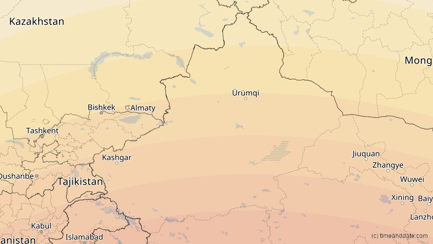 A map of Xinjiang, China, showing the path of the Jun 21, 2020 Annular Solar Eclipse