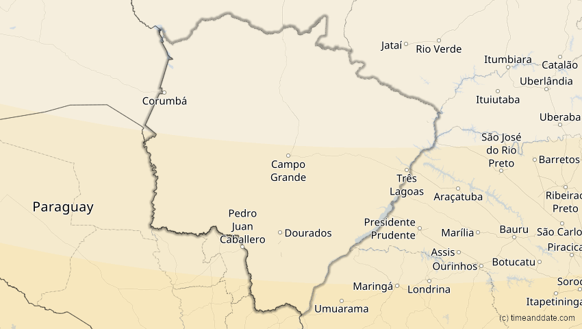 A map of Mato Grosso Do Sul, Brazil, showing the path of the Dec 14, 2020 Total Solar Eclipse