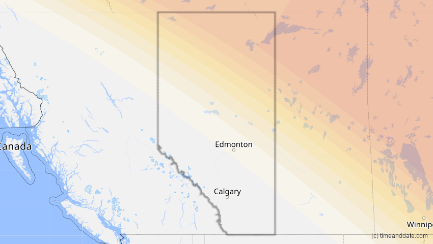 A map of Alberta, Canada, showing the path of the Jun 10, 2021 Annular Solar Eclipse