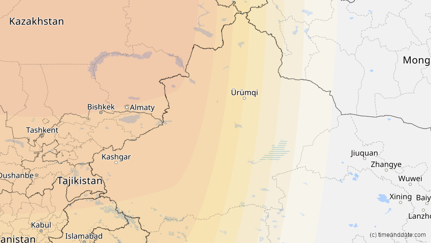 A map of Xinjiang, China, showing the path of the Oct 25, 2022 Partial Solar Eclipse