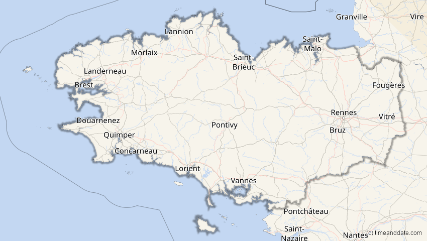 A map of Bretagne, France, showing the path of the Oct 25, 2022 Partial Solar Eclipse