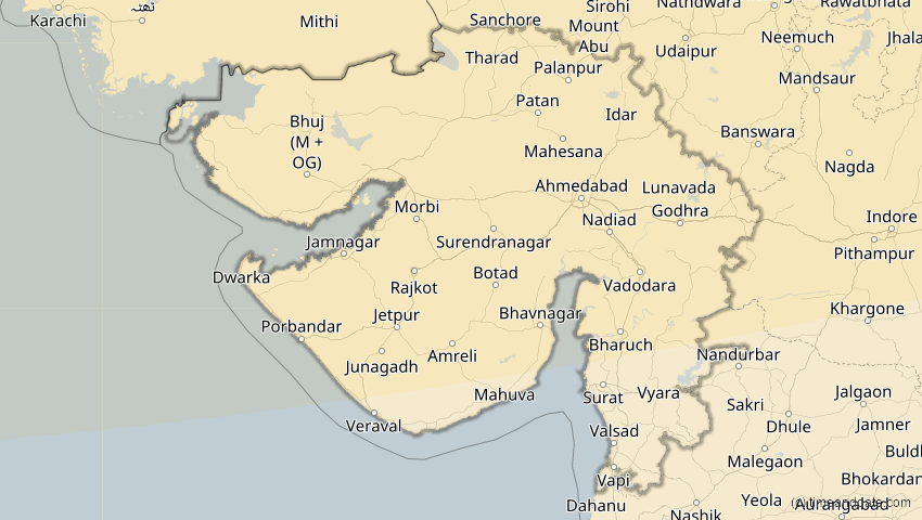 A map of Gujarat, India, showing the path of the Oct 25, 2022 Partial Solar Eclipse