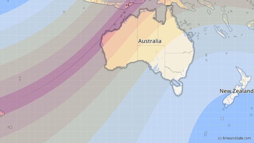 A map of Australien, showing the path of the 20. Apr 2023 Totale Sonnenfinsternis