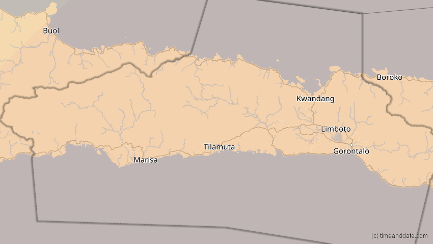 A map of Gorontalo, Indonesia, showing the path of the Apr 20, 2023 Total Solar Eclipse