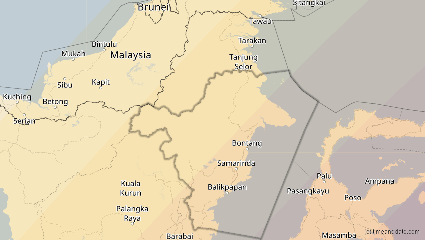 A map of East Kalimantan, Indonesia, showing the path of the Apr 20, 2023 Total Solar Eclipse