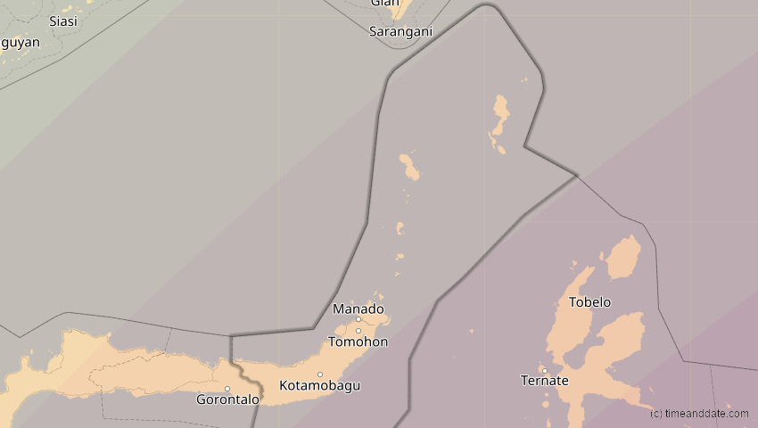 A map of North Sulawesi, Indonesia, showing the path of the Apr 20, 2023 Total Solar Eclipse
