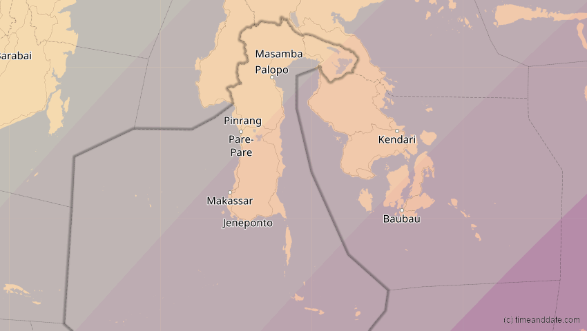 A map of South Sulawesi, Indonesia, showing the path of the Apr 20, 2023 Total Solar Eclipse