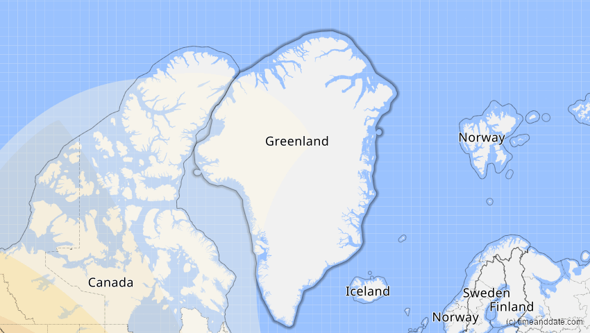 A map of Greenland, showing the path of the Oct 14, 2023 Annular Solar Eclipse