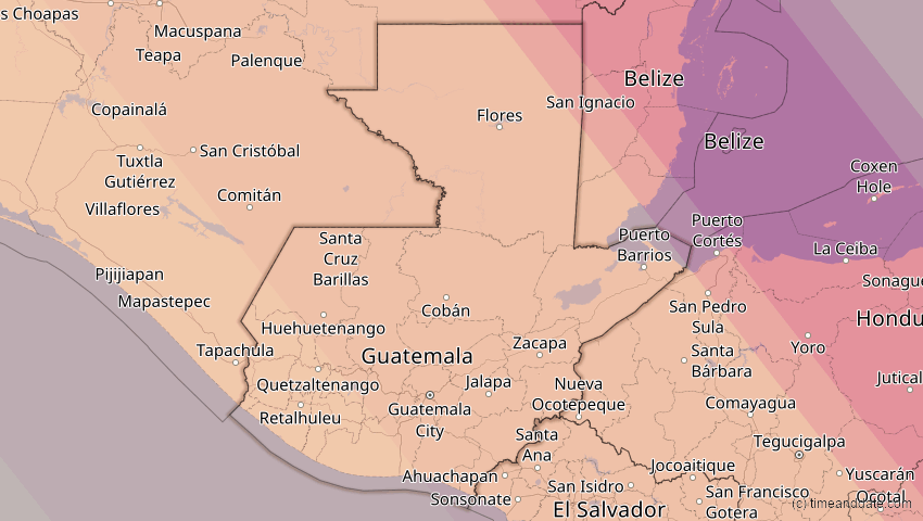 A map of Guatemala, showing the path of the Oct 14, 2023 Annular Solar Eclipse