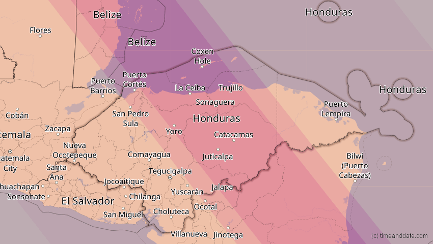 A map of Honduras, showing the path of the Oct 14, 2023 Annular Solar Eclipse