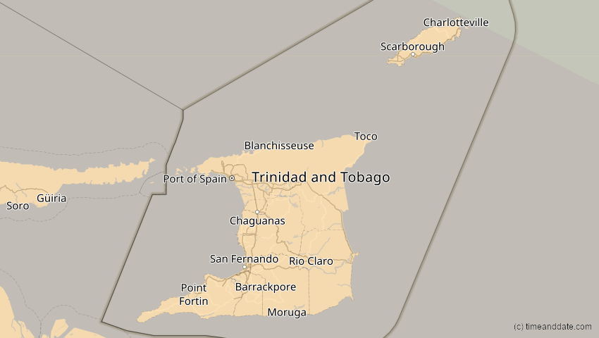 A map of Trinidad and Tobago, showing the path of the Oct 14, 2023 Annular Solar Eclipse