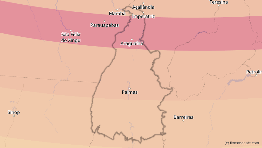 A map of Tocantins, Brazil, showing the path of the Oct 14, 2023 Annular Solar Eclipse