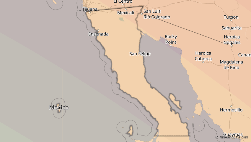 A map of Baja California, Mexico, showing the path of the Oct 14, 2023 Annular Solar Eclipse