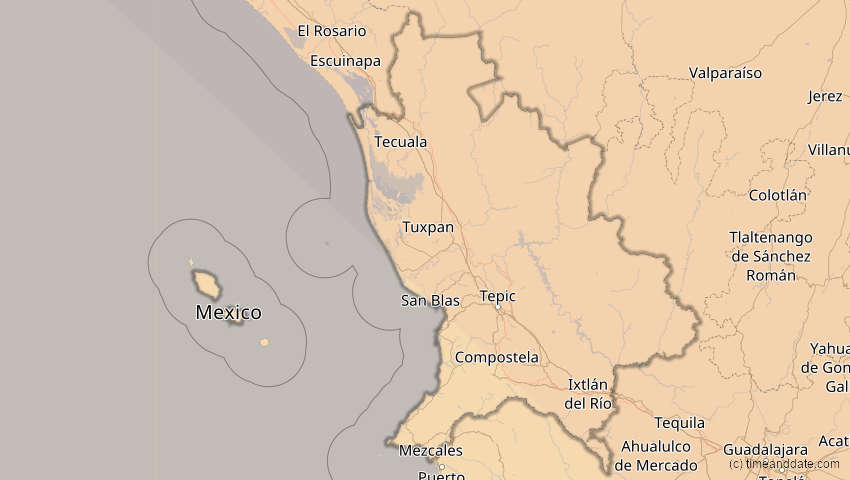 A map of Nayarit, Mexico, showing the path of the Oct 14, 2023 Annular Solar Eclipse