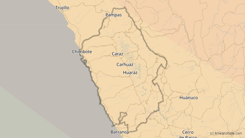 A map of Ancash, Peru, showing the path of the Oct 14, 2023 Annular Solar Eclipse