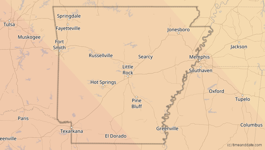 A map of Arkansas, United States, showing the path of the Oct 14, 2023 Annular Solar Eclipse