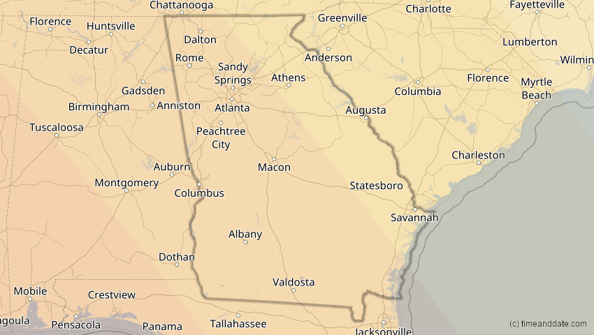 A map of Georgia, United States, showing the path of the Oct 14, 2023 Annular Solar Eclipse