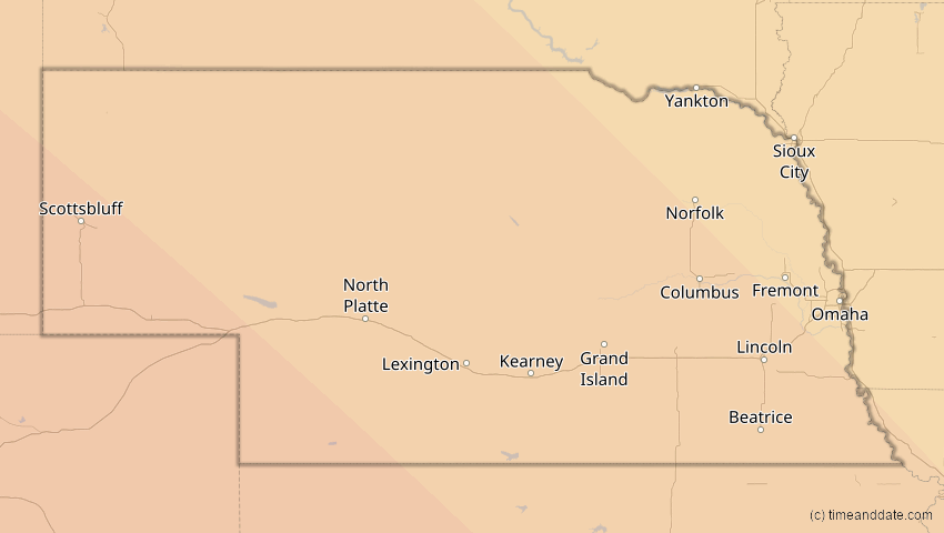 A map of Nebraska, United States, showing the path of the Oct 14, 2023 Annular Solar Eclipse